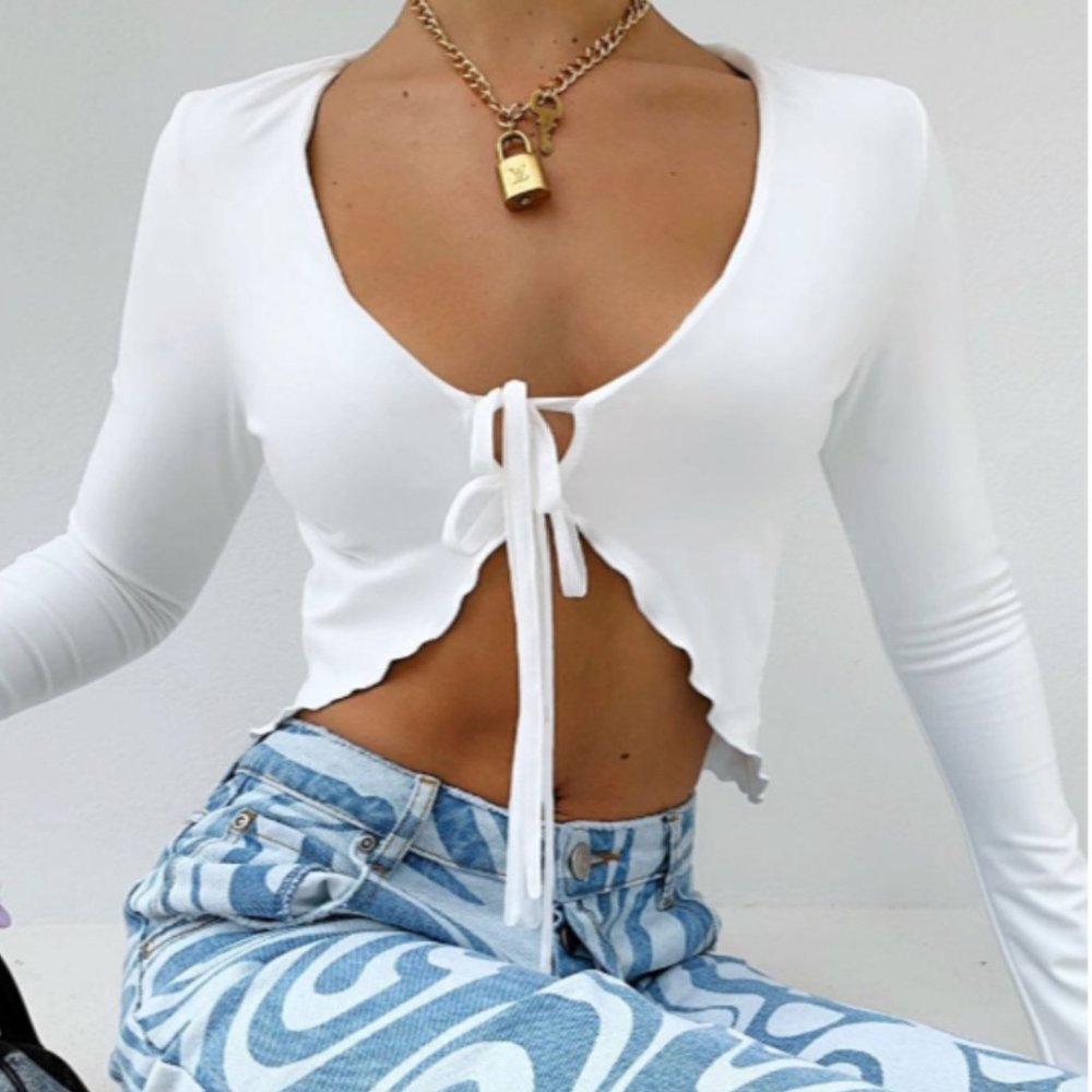 TIGER MIST LONG SLEEVE LACE UP TIE SUNNIE TOP IN WHITE/IVORY NWT